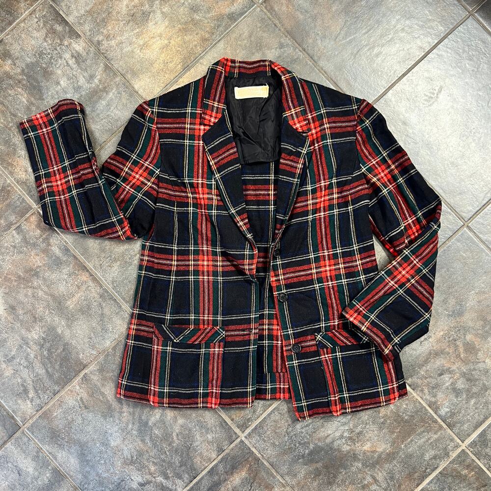 Pendleton Vintage 70s Wool Black Red Green Blue Plaid Blazer Womens